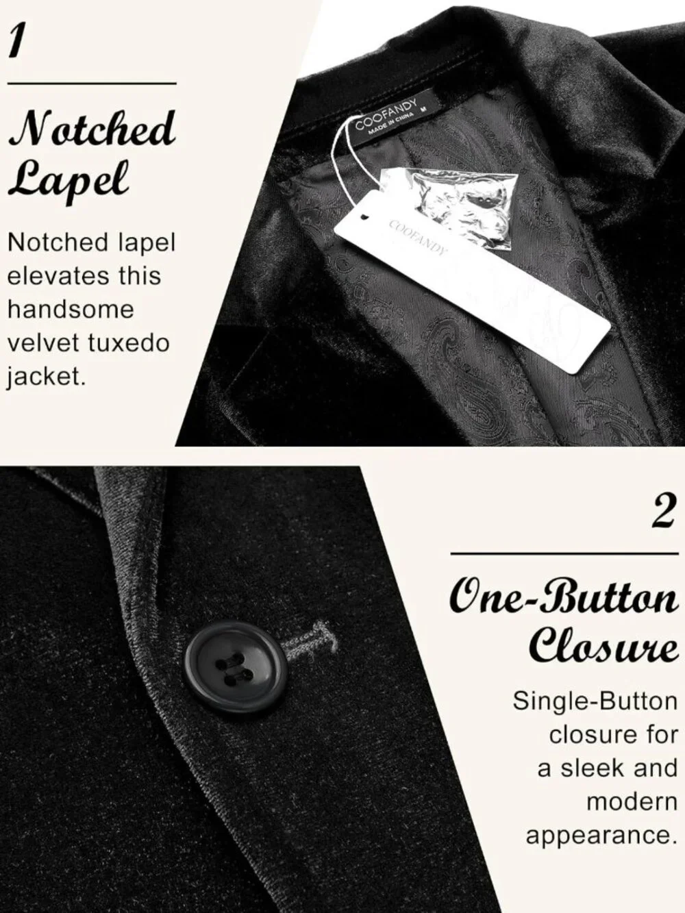 Stylish Men's Velvet Blazer, Notched Lapel Tuxedo Jacket for Wedding & Party